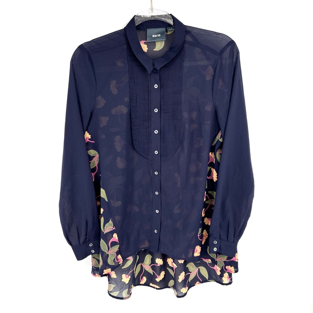 Maeve Ira Blouse Size 8 Floral Button Down Tunic Long Sleeve Navy